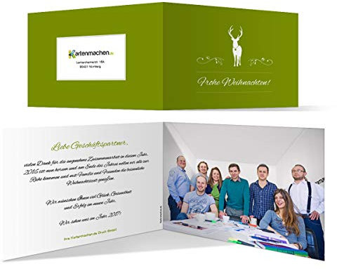 Firmen Weihnachtskarten (60 Stück) - Rentier in Grün als Foto Klappkarten