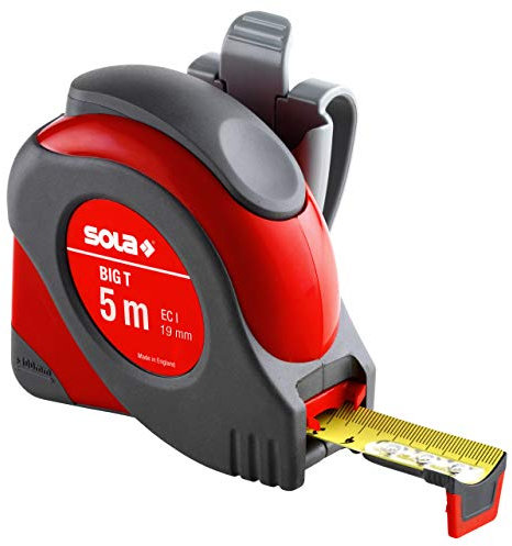 SOLA BIG T - Bandmaß 5m / 19mm - extrem robustes Profi-Rollbandmaß mit Gürtelclip - Stahlband, gelb lackiert mit mm Skala - Genauigkeitsklasse I - Rollmeter mit rutschfestem Endhaken - Länge 5m/19mm