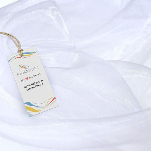 TOLKO 1m Organza Stoffe zum Nähen Meterware | Hauch Zart, Fein, Durchsichtig | zum Dekorieren Basteln 145cm breit | leichter Glanz Stoff für Gardine Vorhänge Tischdecken Deko Schals (Weiß)
