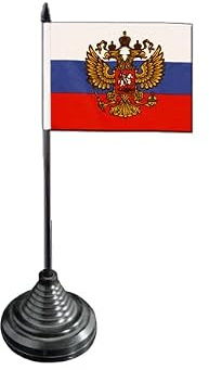 Flaggenfritze Tischflagge Russland mit Wappen 10 x 15 cm, russische Flagge, reißfestes Polyester, farbintensiver Siebdruck, kleine Fahne mit Kunststoff-Sockel