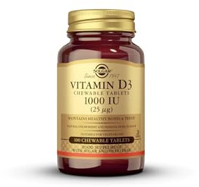 Solgar Vitamin D3 1000 IU (25 µg) Chewable Tablets - Pack of 100 - For Healthy Bones, Teeth and Muscle Function - Immunity - Gluten Free