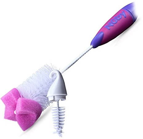 Nuby Easy Grip Bottle and Nipple Brush with Sponge Tip for Hard to Reach Areas (Pink with Purple)