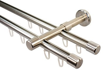 iso-design Gardinenstange mit Innenlauf 2-läufig 16 mm Durchmesser Farbe Edelstahl Wandmontage Innenlaufstange aus Metall Endstück Kappe, 180 cm