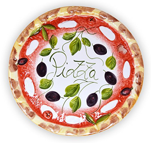 Lashuma Handgemachter Pizzateller Olive aus Italienischer Keramik, Großer Teller Rund 33 cm