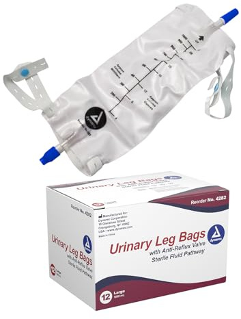 Dynarex Urinary Leg Bag, For Use with a Catheter, Has a Non-Drip Closure and Anti-Reflux Valve, Includes Easy-to-Use Straps, 1000 ml/20 oz Capacity, Medium, White, 1 Box of 12 Dynarex Urinary Leg Bags