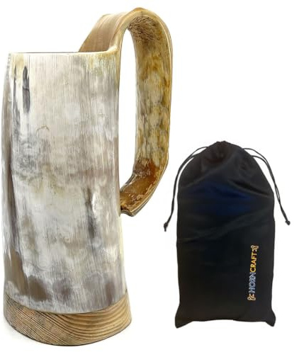 HORNCRAFT Drinking Horn Mug with Wooden Base | 600ml - 750ml Capacity | Ox Horn Tankard | Polished Finish | Genuine Ox Horn | Beer Tumbler | Drinking Vessel