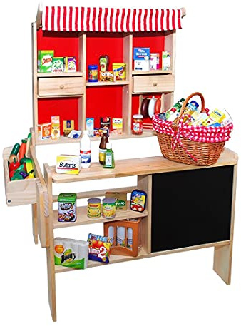 Tanner DER KLEINE Kaufmann Tanner Deco Marktstand Klassik, mit 40 Teiligem Set, Zubehör für Kaufmannsladen, lebensmittelechtes Design, 0338.3