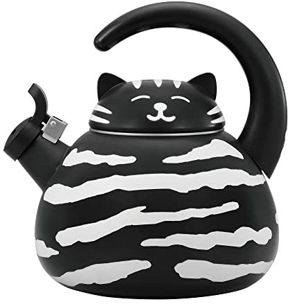 Enamel Whistling Teapot Tea Kettle Teakettle Stovetop Gas Hob Induction Hob, 2.2 Litre - Gourmet Art Black Cat Design