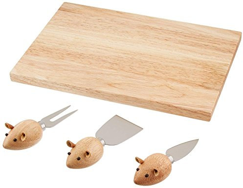 Kikkerland Planche à Fromage en Bois d'hévéa Souris en Acier Inoxydable, Lot de 4