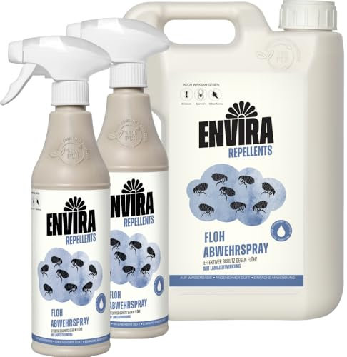 Envira Floh Abwehrspray 2 x 500 ml + 2 Liter - Spray mit Langzeitwirkung gegen Flöhe, Katzenfloh, Hundefloh - Mittel gegen Flöhe für Wohnung & Möbel - Effektives Flohmittel & Flohschutz