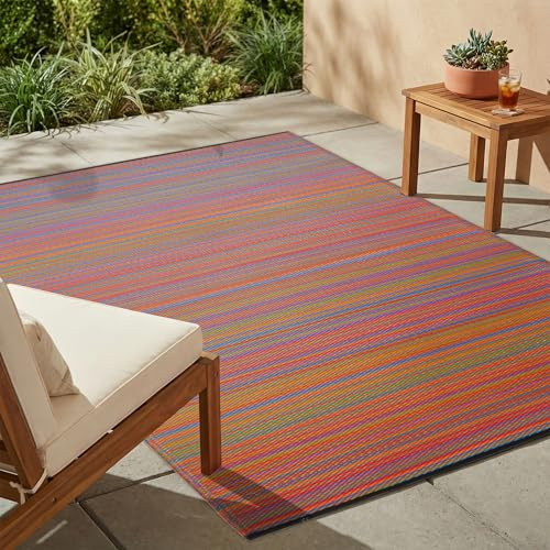 FAB HAB Alfombra de Exterior - Impermeable Resistente a la Decoloración Sin Arrugas - Plástico Reciclado - A Rayas - Porche Terraza Balcón Lavadero Patio - Cancún - Multicolor - 90 cm x 150 cm