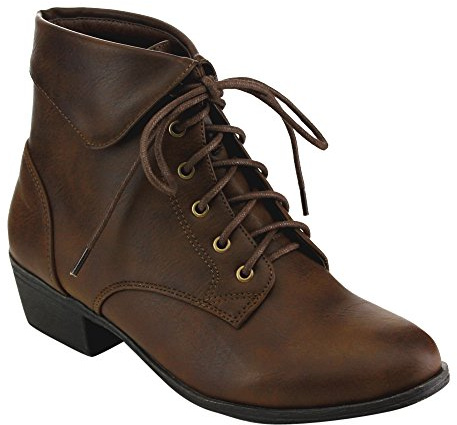 TOP Moda EC89 Women's Foldover Lace Up Low Chunky Heel Ankle Booties (7, Brown)