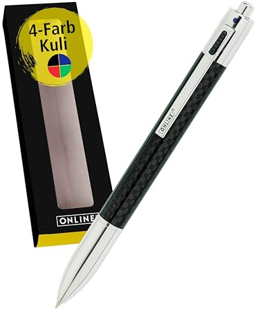 Online 4-farbiger Carbon-Kugelschreiber | Multifunktionsstift | mit 4 D1-Kulli-Minen — blau, rot, grün, schwarz | nachfüllbarer Kugelschreiber | Carbon Design in Geschenkbox