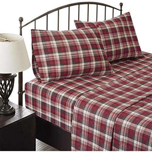 Woolrich Cotton Sheet Set Cottage Charms Print, 100% Cotton Flannel Sheets Warm & Fuzzy Bedding Set Cal King Size Sheets, Fitted Pocket Fits Up to 14 Mattress, Cal King Red Plaid, 4 Piece