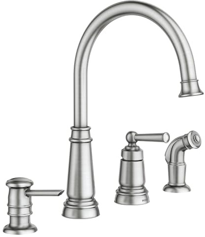 Moen Edison Spot Resist Stainless One-Handle High Arc 4-hole Kitchen Faucet with Side Sprayer and Soap Dispenser, 87042SRS