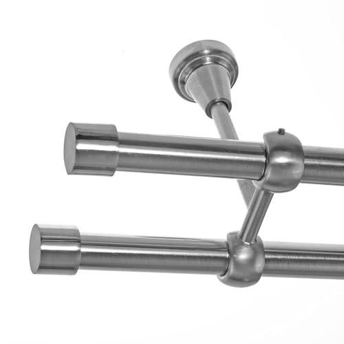 BASIT Gardinenstange Edelstahllook 19mm 2-läufig Decke 320cm lang D28 | Gardinenstangenset doppelläufig Deckenmontage Metall Vorhangstange Deckenhalterung 120-600cm wählbar Kappe E61