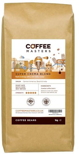 Coffee Masters Super Crema Espresso Coffee Beans 1kg - Intensely Strong Dark Roasted Blend of Arabica and Robusta Whole Coffee Beans - Ideal for Espresso Machines