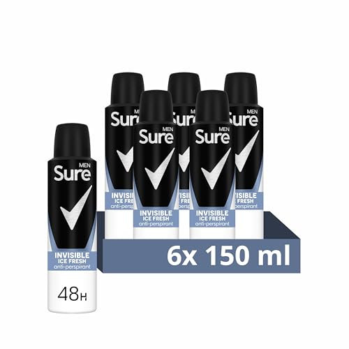 Sure Men Invisible Ice Fresh Anti-Perspirant Aerosol Men's Deodorant that protects against white marks and yellow stains for 48 hour protection against sweat and odour 6x 150 ml