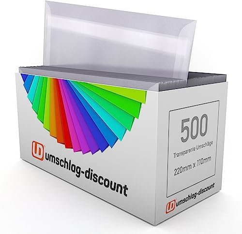umschlag-discount – transparente Briefumschläge aus Pergamin-Papier für Infoschreiben, Gutscheine, Einladungen & Co – 500 Stück selbstklebende Briefkuverts mit den Maßen 220 x 110 mm (DIN lang)