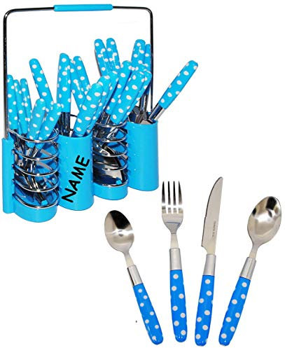 alles-meine.de GmbH 25 TLG. Besteckset - aus Edelstahl - Punkte/gepunktet - blau - weiß - incl. Name - mit Besteckkorb - rostfreier Stahl/Edelstahl - spülmaschinenfest - ..