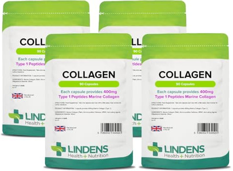 Lindens - Collagen 400mg, 360 Capsules - (90 Pack x4) - Marine Source Hydrolysed Collagen - Supports Bones, Cartilage, Ligaments, Tendons and Connective Tissues - UK Made
