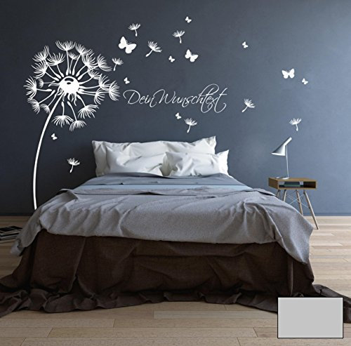 ilka parey wandtattoo-welt® Wandtattoo Wandaufkleber Pusteblume Blüten Schmetterlinge Wunschtext M1416 - ausgewählte Farbe: *Mittelgrau* - ausgewählte Größe:*S 100cm breit x 110cm hoch
