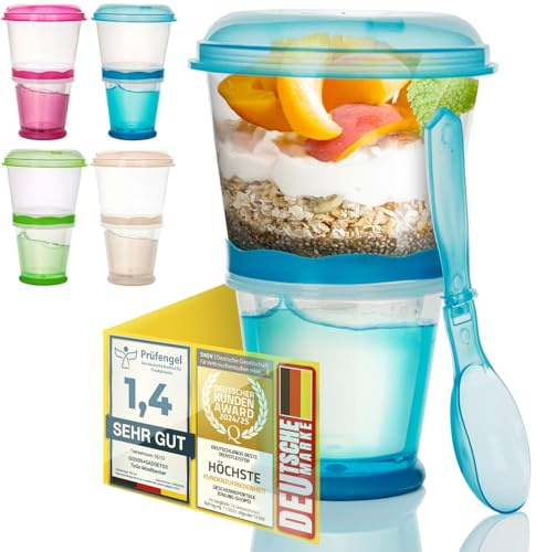 Muesli To-Go Mug pour les déplacements 2-Go Mug de voyage avec compartiment isotherme pour le lait et cuillère pliable avec couvercle étanche pour le travail, le voyage, le pique-nique (Bleu)