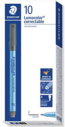 STAEDTLER Folienstift Lumocolor correctable, trocken abwischbar, integrierter Wischer am Stiftende, für Overhead Projektoren geeignet, feine Spitze ca. 0,6 mm, 305 F-9, schwarz, 10 Stück