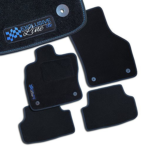Bär-AfC Auto Fußmatten Exclusive Line passend für Mitsubishi Lancer CYO ab 2007, Autoteppiche Velours Schwarz, Bandeinfassung Schwarz, Stick Logo Blau, Set 4-teilig, MI02384