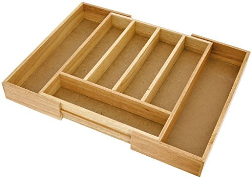 Judge Kitchen Bamboo Adjustable Cutlery Tray, Wooden Tray Insert with 5-7 Compartments, 31cm-49cm x 38cm