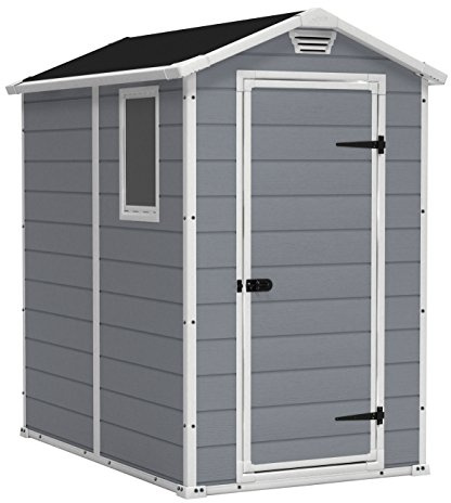 Keter Manor 4x6 Resin Outdoor Storage Shed Kit-Perfect to Store Patio Furniture, Garden Tools Bike Accessories, Beach Chairs and Lawn Mower, Grey & White