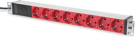 DIGITUS 19 Steckdosenleiste - 8 Abgriffe (rot) - 1HE - 250VAC - 50/60Hz - 16A - 2500W - Vorsicherung für Überlastschutz