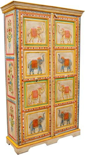 GURU SHOP Kleiderschrank mit Elefanten Schnitzereien, Bemalung - Modell 3, 165x100x36 cm