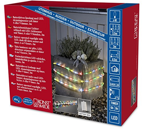 Konstsmide LED Lichterschlauch, 3m, mit Lichtsensor und 6h und 9h Timer, 48 bunte Dioden, batteriebetrieben, Außen (IP44), 4 x D 1.5V (exkl.) - 3743-500