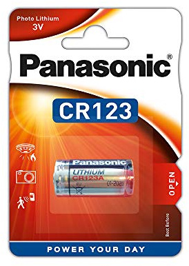 Panasonic CR123 cylindrical lithium battery for high power-consuming lightweight appliances such as smoke alarms, intruder alarm systems, head lamps, cameras, 3V, pack of 1.