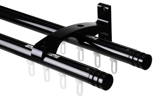 DécoProfi Gardinenstange Innenlauf 2-läufig Set Ø 20 mm Schwarz I Länge: 200cm Aluminium für Wandmontage I Als Gardinenschiene & Vorhangstange geeignet
