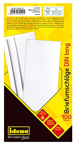 Idena 10224 - Briefumschläge ohne Fenster DIN lang, 100 Stück selbstklebend, Umschläge aus 75 g/m² FSC-Mix Papier in Weiß