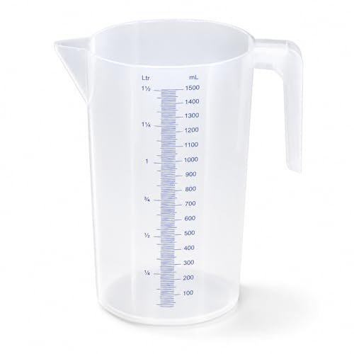 HELGUEFER – Jarra Medidora Plastico Graduada 1,5 L | Jarra Plástico con Escala Precisa, 10cm x 19cm | Libre de BPA, Apta para Microondas y Lavavajillas | Jarra Medidora de Polipropileno (PP)