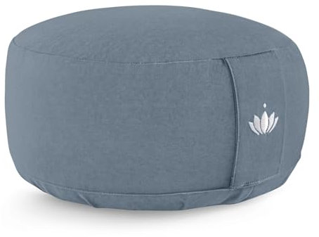 LOTUSCRAFTS® Meditationskissen mit 15cm Sitzhöhe, bestickt, Yoga Kissen mit Dinkelfüllung, Yogakissen Rund, Bodenkissen Rund, Yogakissen Meditationskissen, Yogakissen Bezug waschbar, GOTS zertifiziert
