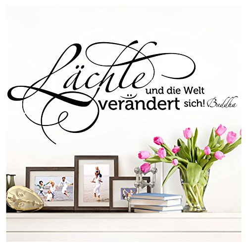 Grandora Wandtattoo Zitat Buddha Lächle und die Welt verändert Sich I schwarz (BxH) 127 x 58 cm I Wohnzimmer Flur Aufkleber Wandaufkleber Wandsticker W994