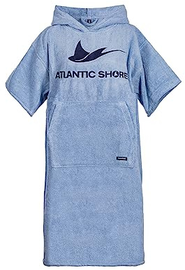 Atlantic SHORE | Surf poncho | badponcho med huva av 100 % bomull | unisex | basic för vuxna, ljusblå, Long (ab 175 cm)
