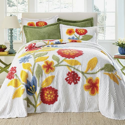 BrylaneHome Bedding Oversized Cotton Bloom Chenille Bedspread Floral Bedding Colorful Flowers - Queen, Red Multi