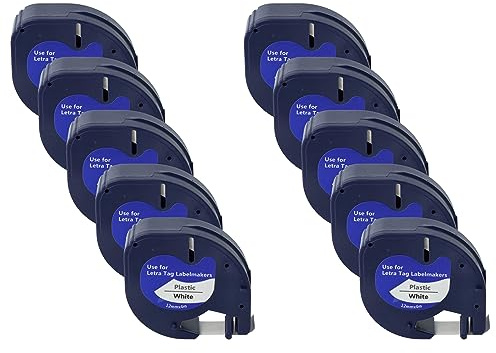 vhbw 10x Schriftband-Kassette Plastik kompatibel mit Dymo LetraTag LT-100H | LT-100T, QX50, XR, 200B Etiketten-Drucker 4m x 12mm Schwarz auf Weiß