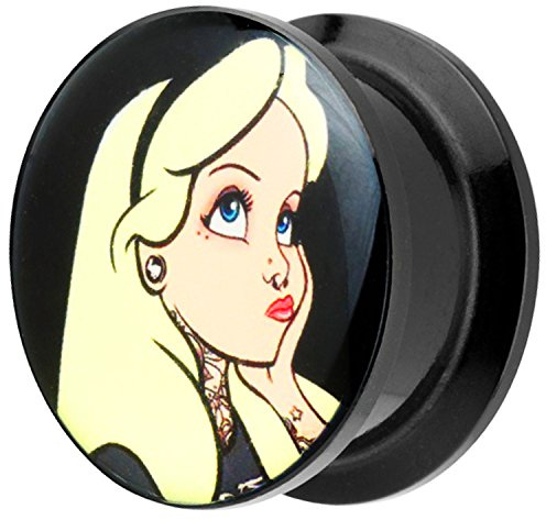 Piersando Ohr Plug Piercing Kunststoff Motiv Comic Picture Flesh Tunnel Ohrplug mit Blondes Mädchen Alice Schwarz Gelb