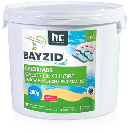 Höfer Chemie Pool Chlor Tabletten langsam löslich 200g 5 kg Bayzid - zur dauerhaften Chlorung von Pool und Schwimmbad - Hochwirksam gegen Bakterien und Pilze