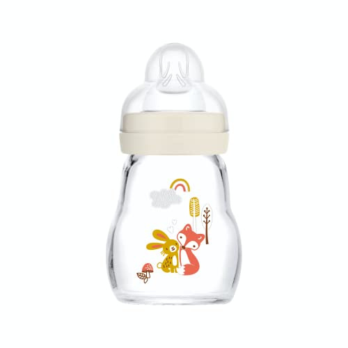 MAM Biberon verre, 170 ml – 0+ mois – Tétine débit 1, vitesse lente – Blanc