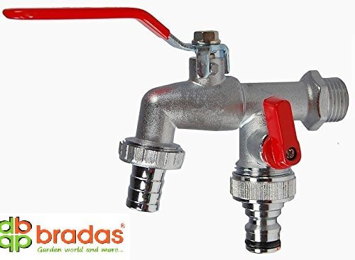 BRADAS Doppel-Auslaufhahn Kugelauslaufventil -Kaltwasserventil -Gartenhahn mit zusätzlichem Abgang, Messing matt verchromt-mit 1/2 Wandanschluss und 3/4 Auslauf mit Stecksystem-GKK0512