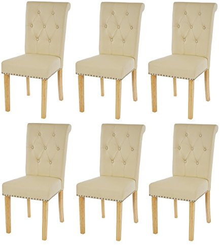 Mendler 6er-Set Esszimmerstuhl Chesterfield II, Stuhl Küchenstuhl, Nieten - Kunstleder, Creme, helle Beine