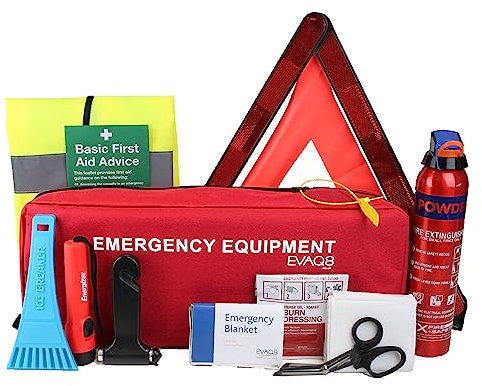 EVAQ8 Advanced Car Safety Kit with BSI First Aid Kit and Extinguisher
