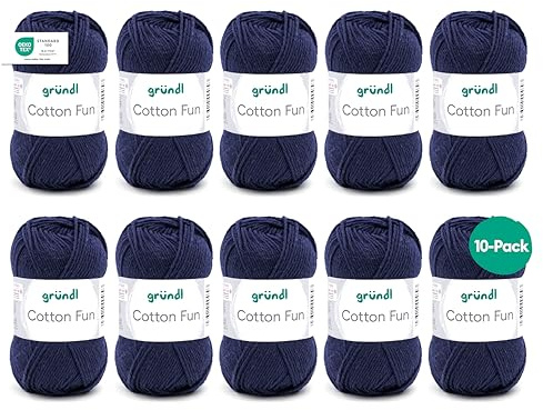 Gründl Wolle Cotton Fun Häkelgarn 10 Knäuel 50 g, Royalblau | Wolle zum Häkeln - Strickgarn - Häkelgarn - Pflegeleicht und hautfreundlich - 100 % Baumwolle - 50 g / 115 m - Nadelstärke 3
